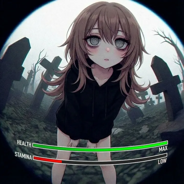 TrashGPT in a graveyard with a low stamina bar