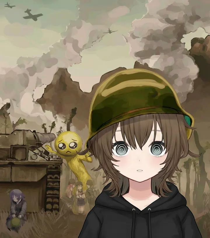 TrashGPT in a helmet with Yellow guy behind her